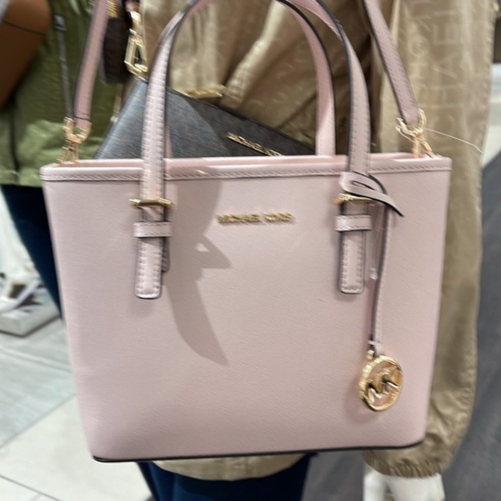 Michael Kors Jet Set Travel XS Saffiano Leather Top-Zip Tote Bag Powder Blush - Picture 14 of 16